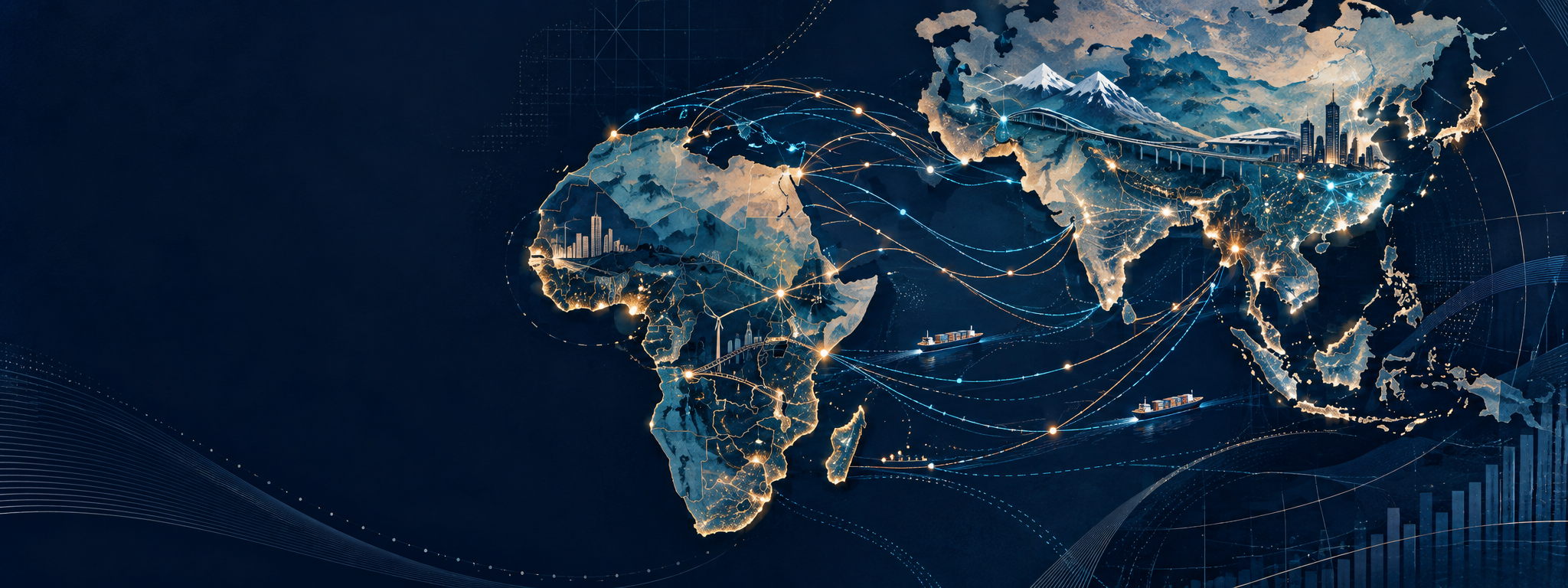 Abstract editorial map connecting Africa and Asia through trade, technology and data pathways